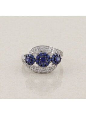 Sterling Silver Blue & White Cubic Zirconia Flower Ring Sparkly Size 10
